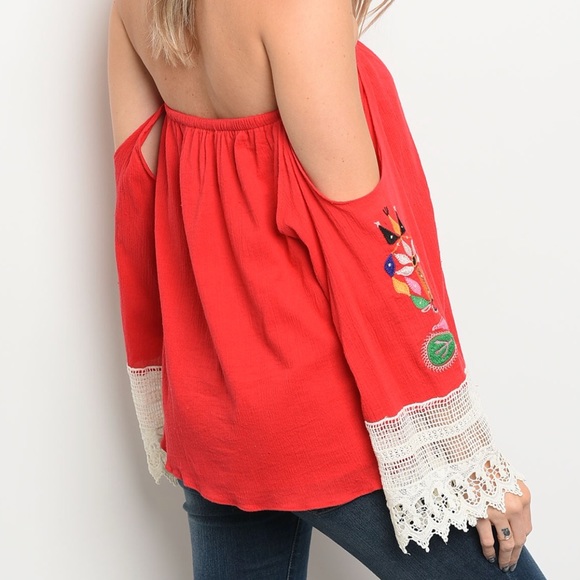 LAST Red Embroidered Off Shoulder Top - Picture 2 of 3